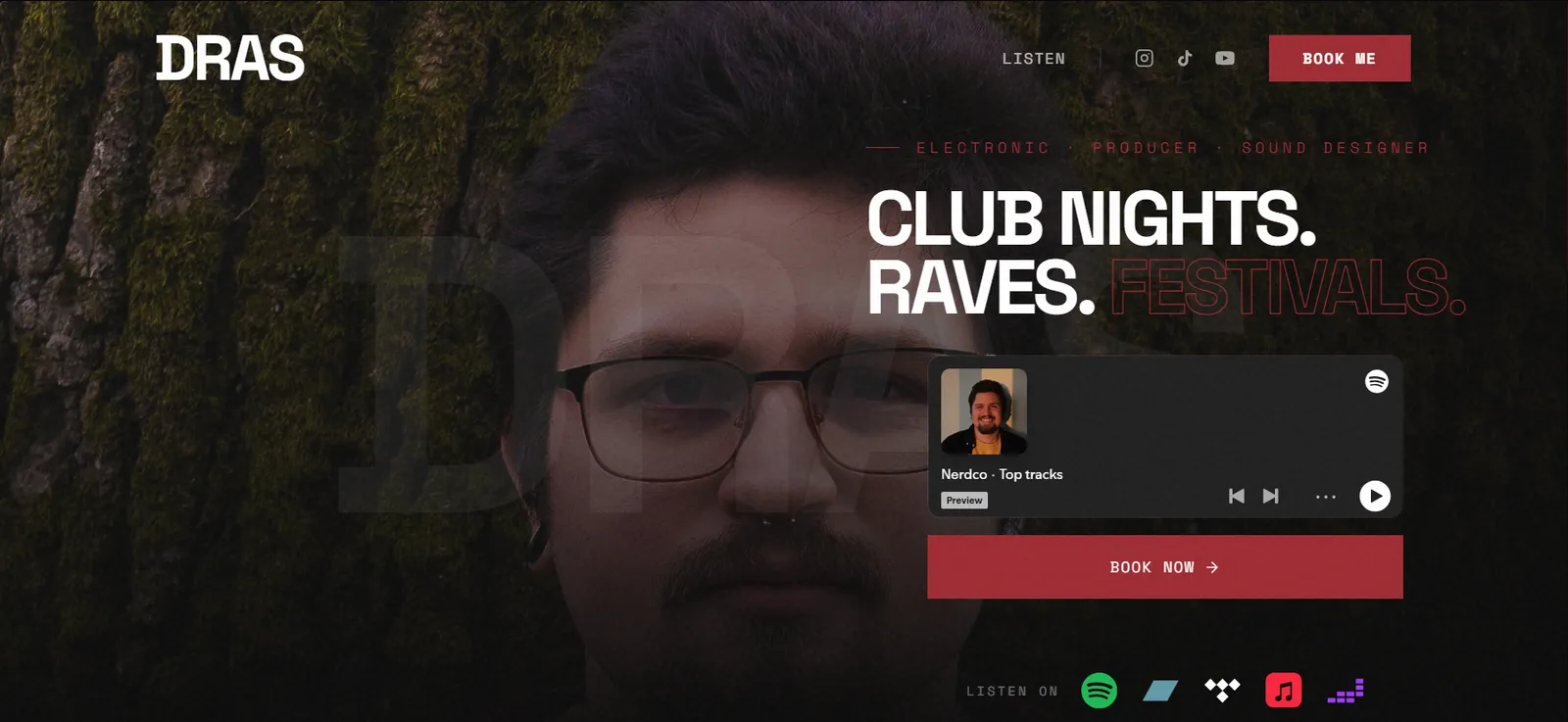 Dras music artist homepage — dark cinematic hero reading Club Nights, Raves, Festivals with an embedded Spotify player and Book Now button
