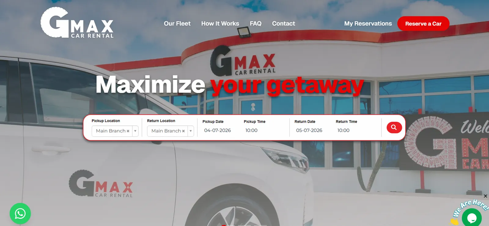 Gmax Car Rental homepage — 'Maximize your getaway' hero with a live pickup and return booking widget over a photo of the Gmax branch in Aruba